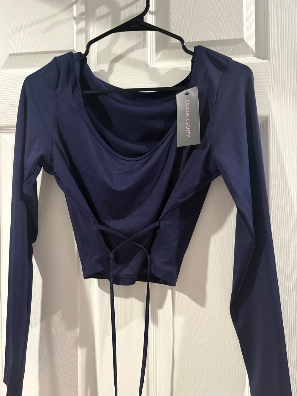 Savage X Fenty Navy Long-Sleeve Cropped Tie-Front Top